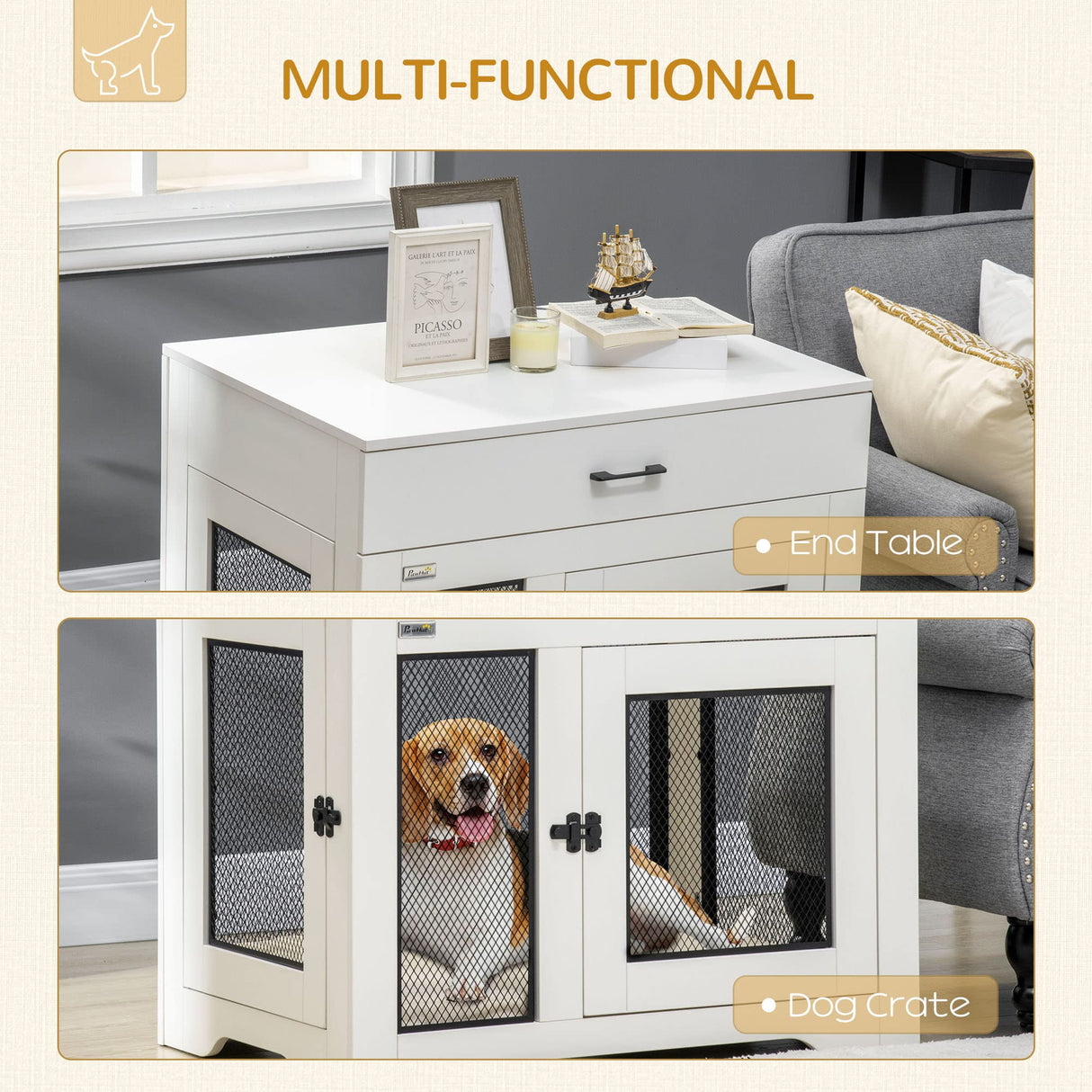 PawHut Dog Crate Furniture with Soft Water-Resistant Cushion, Dog Kennel End Table with Drawer, Puppy Crate for Small Dogs Indoor with 2 Doors, White PawHut