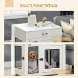 PawHut Dog Crate Furniture with Soft Water-Resistant Cushion, Dog Kennel End Table with Drawer, Puppy Crate for Small Dogs Indoor with 2 Doors, White PawHut
