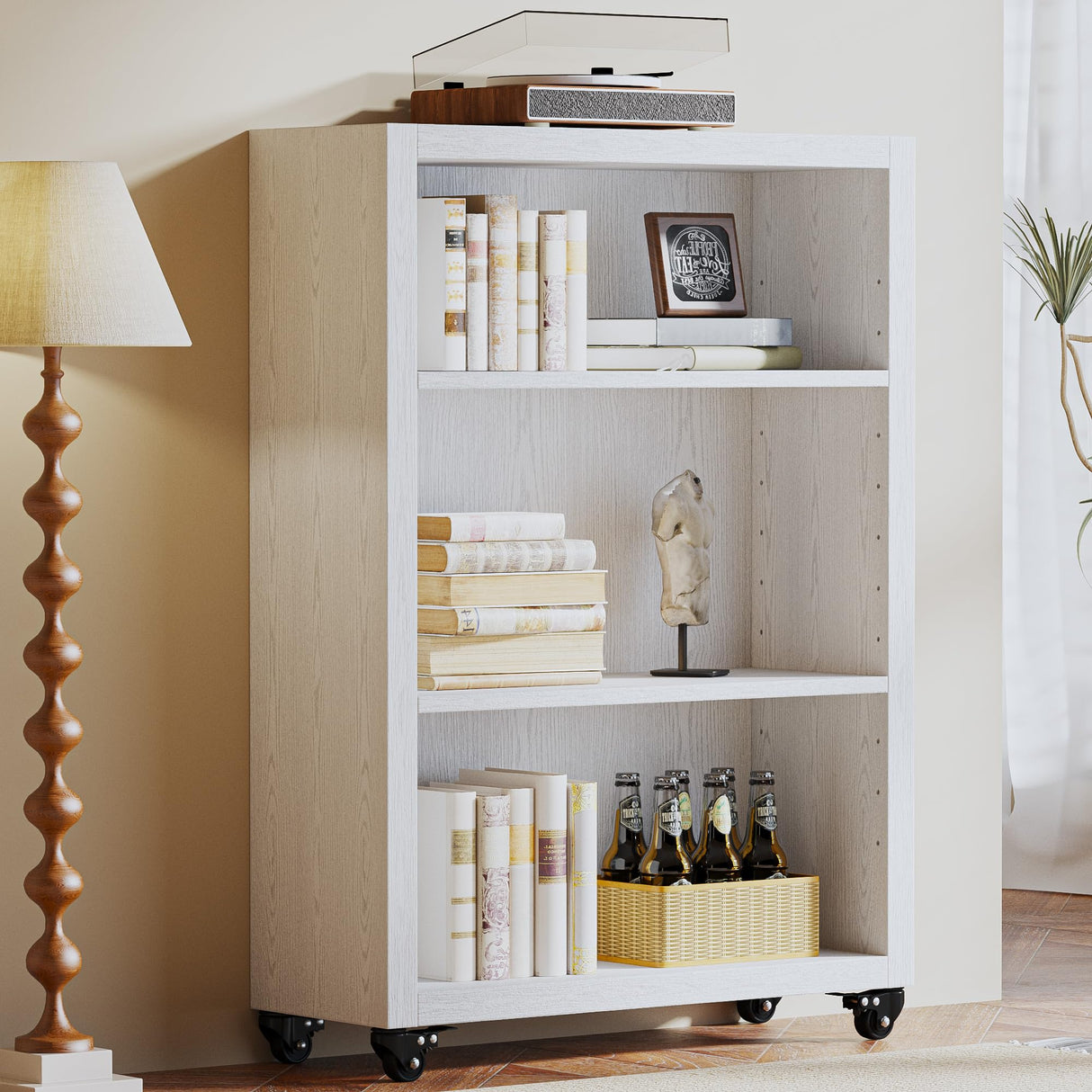 FUSUNBAO 3-Tier Bookshelf with Wheels Book Storage Organizer Bookcase Floor Standing Fixed Shelves Adjustable Shelf Display Shelves Cabinet for Living Room/Bedroom/Office (White) FUSUNBAO