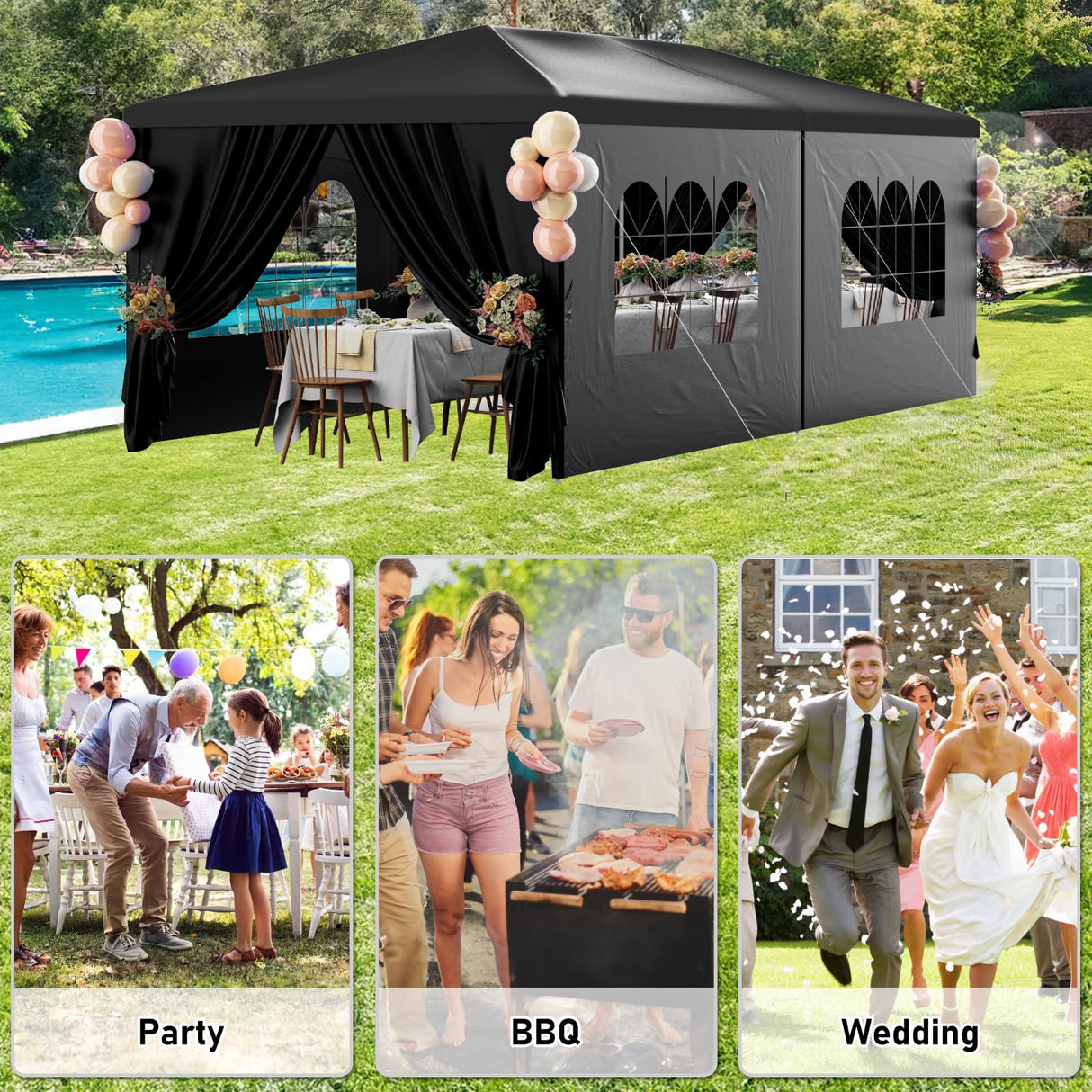 susici 10x20 Black Outdoor Party Tent with 6 Removable Sidewalls Outdoor Tents for Parties Gazebo Canopy Tent Event Tent for Wedding, Birthday, Garden Parties and Backyard Patio BBQ Camping susici