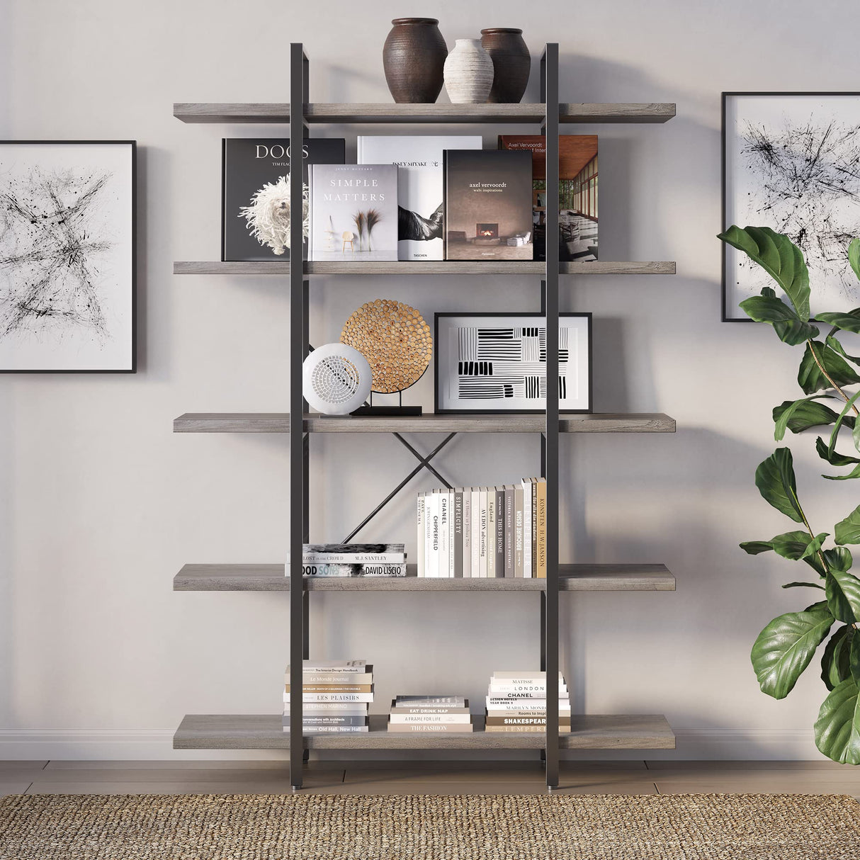 BELLEZE 5-Tier Wood Bookshelf, 70 Inch Industrial Storage Shelves Organizer for Living Room, Pantry, Home Office and Garage, Open Display Shelves with Metal Frame - Gray Wash BELLEZE