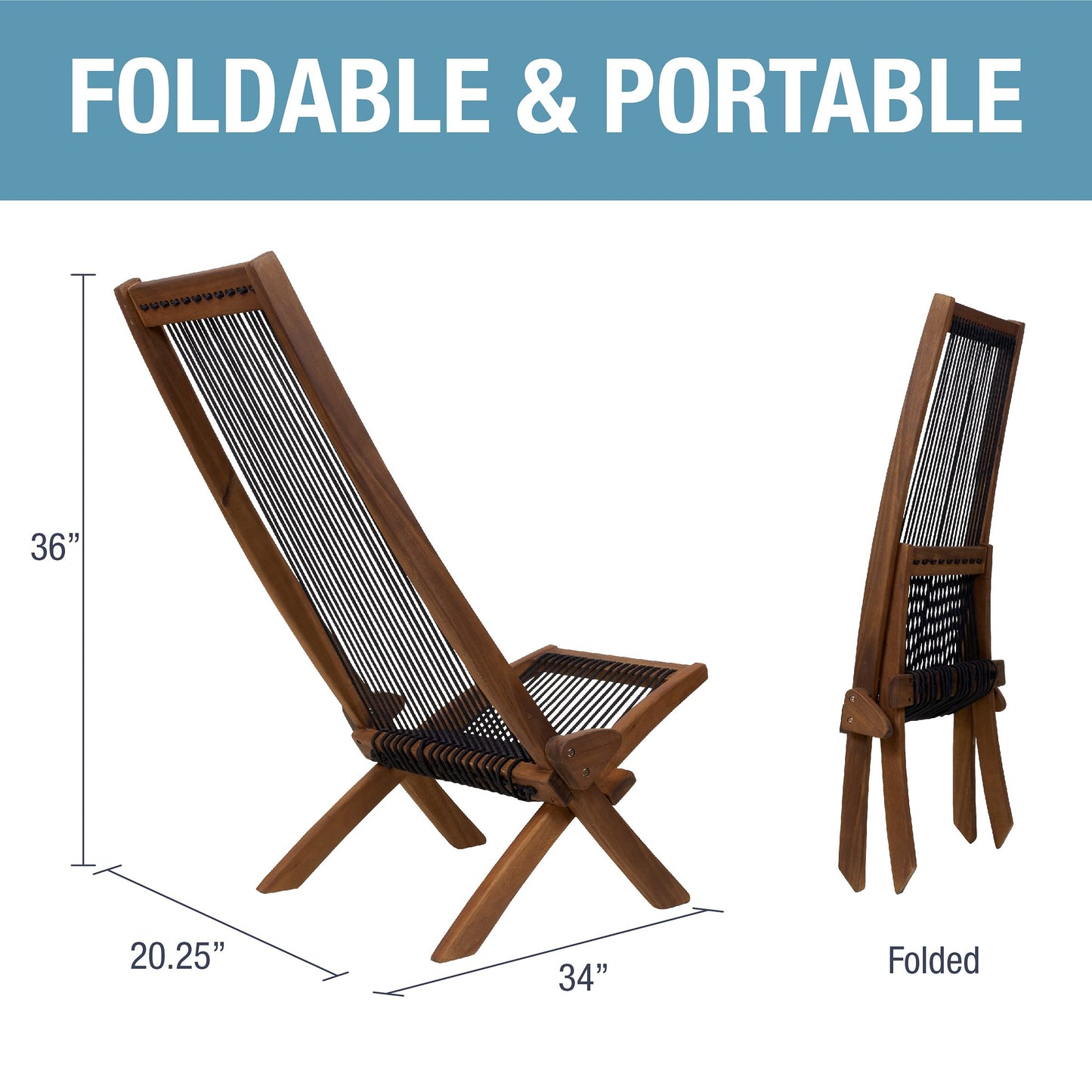 CleverMade Tamarack Folding Rope Chair - Foldable Outdoor Low Profile Wood Lounge Chair for the Patio, Backyard, and Deck, No Assembly Required