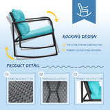 Greesum 3 Pieces Rocking Rattan Wicker Bistro, Patio Furniture Set with Soft Cushion and Glass Coffee Table, Design for Poolside Yard Garden, Blue Greesum
