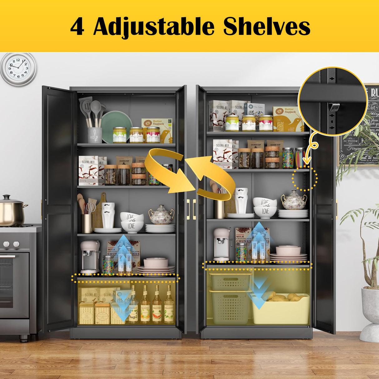 Kitchen Pantry Cabinet,71”Black Metal Pantry Storage Cabinet with Doors and 4 Adjustable Shelves,Kitchen Cabinet with 2 Gold Handles,Tall Cabinet for Livingroom,Pantry, Bathroom SteeLoong