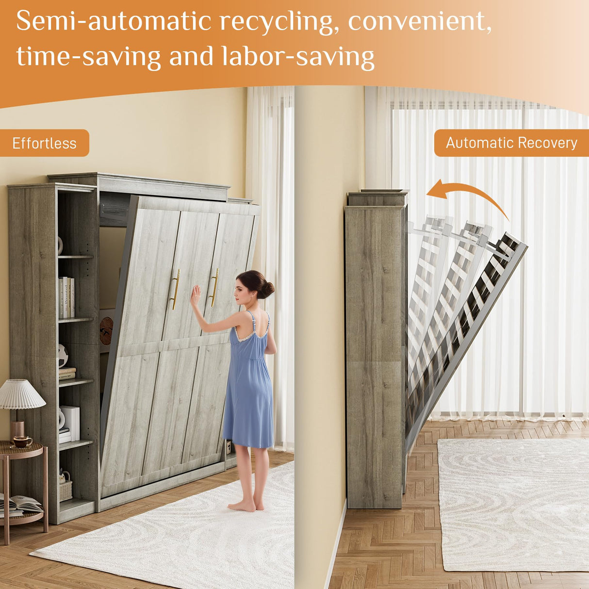 BEQAI Murphy Bed Queen with Storage Bookcase & 4 Adjustable Shelves, Queen Murphy Bed Cabinet Bed, Foldable Space Saving Furniture Beds, Wood Wall Bed for Guest Room, Bedroom, Grey BEQAI