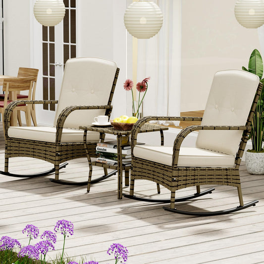 BALDPER 3 Pieces Patio Conversation Set, Outdoor Rocking Chairs, Wicker Bistro Set, Outdoor Furniture Set with Porch Chairs and Coffee Table for Deck Garden Poolside, Beige