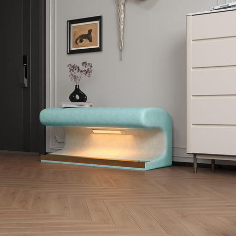 Haplized Entryway Bench with Motion Sensor LED Light, Modern Upholstered Ottoman with Metal Legs, Faux Leather Entryway Bench for Bedroom, Living Room, End of Bed (Antique Blue Green) Haplized
