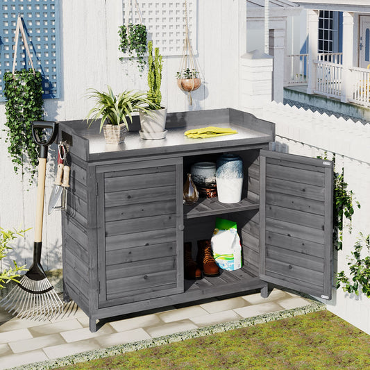 RUNNA Outdoor 39" Potting Bench Table, Rustic Garden Wood Workstation Storage Cabinet Garden Shed with 2-Tier Shelves and Side Hook (Grey#024) - WoodArtSupply