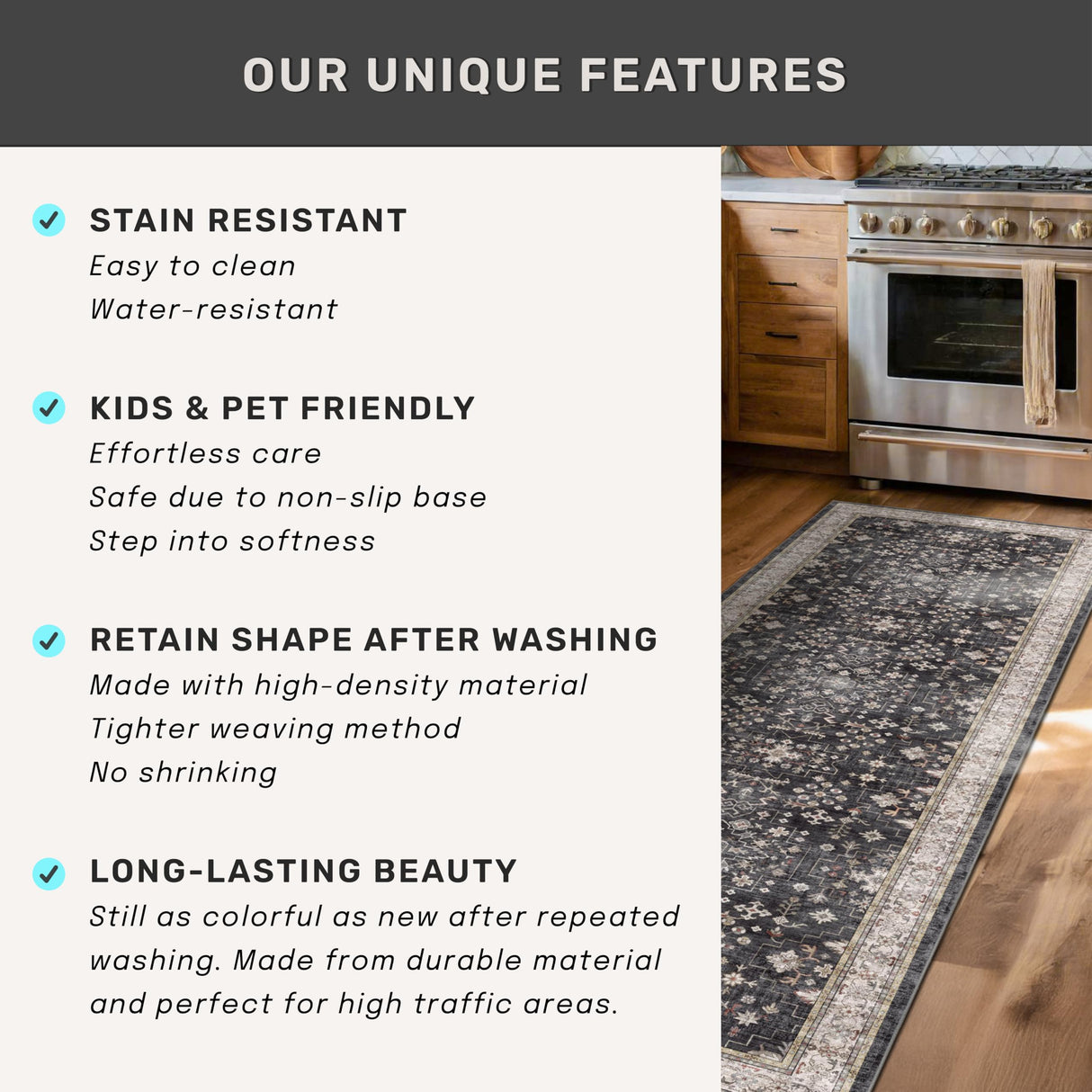 Black Washable 2x3 Entry Rug, Small Rugs for Entryway Kitchen Bathroom Door Mat Indoor Entrance, Non Slip Rubber Backing, Stain & Fade Resistant, Ashen Charcoal Floral Farmhouse Decor Hazo Haus