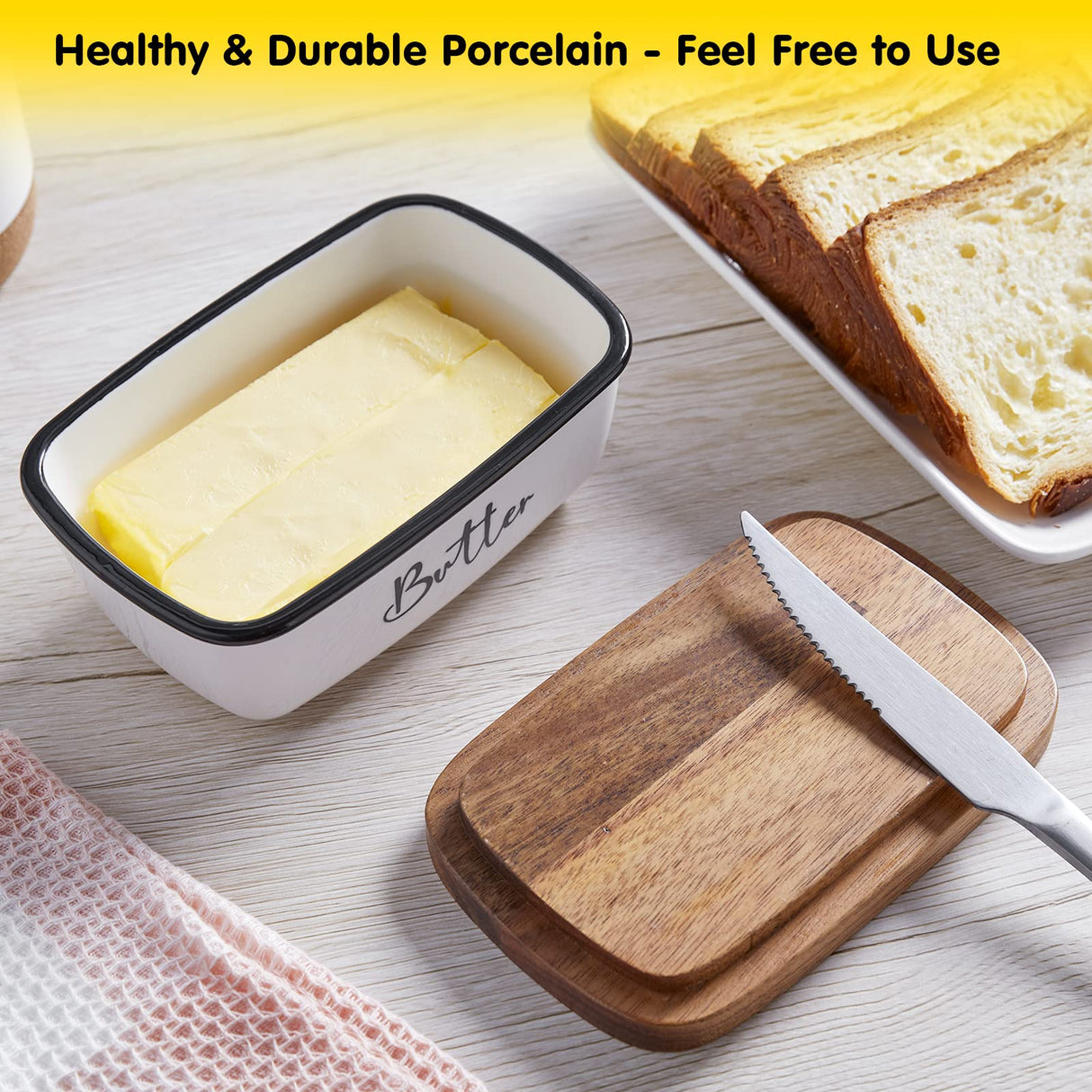 Butter Dish with Lid, ALELION Large Ceramic Butter Dish for Countertop, Butter Keeper with Thick Acacia Wood Lid, Kitchen Decor and Accessories for Kitchen Gifts, White ALELION