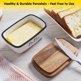 Butter Dish with Lid, ALELION Large Ceramic Butter Dish for Countertop, Butter Keeper with Thick Acacia Wood Lid, Kitchen Decor and Accessories for Kitchen Gifts, White ALELION