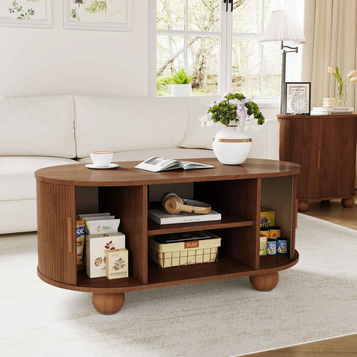 QEIUZON Rectangle Coffee Table, Fluted Coffee Tables for Living Room, Mid-Century Coffee Table Center Table with Storage & Sliding Doors for Apartment, Home Office (Walnut) QEIUZON