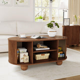 QEIUZON Rectangle Coffee Table, Fluted Coffee Tables for Living Room, Mid-Century Coffee Table Center Table with Storage & Sliding Doors for Apartment, Home Office (Walnut) QEIUZON