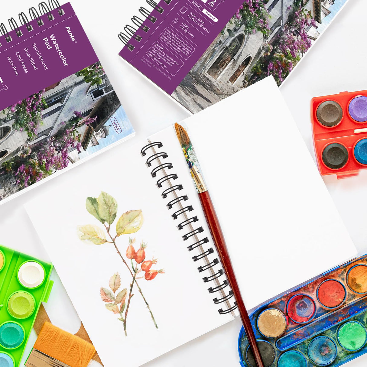 Funto Watercolor Pad 5.5x8.5, 3 Pack, 90 Sheets,140lb/300gsm, Double-Sided, Cold Press, Spiral Bound, Heavyweight Paper for Watercolor Painting Funto