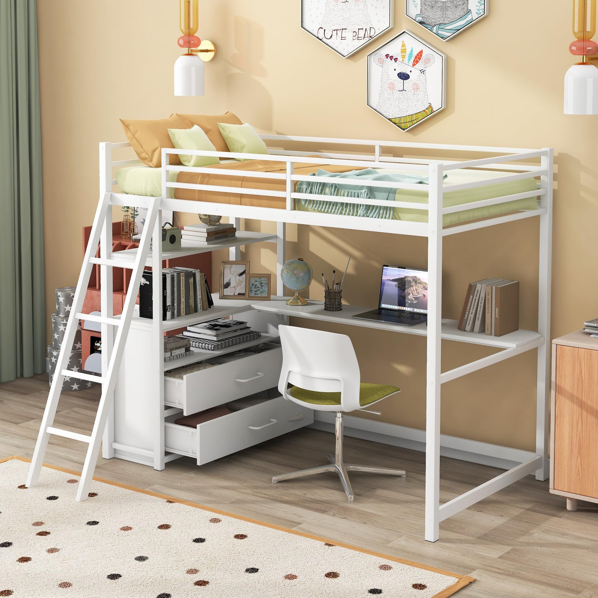 Bellemave Twin Loft Bed with Desk and Storage Drawers in White, Perfect for Kids and Teens - WoodArtSupply