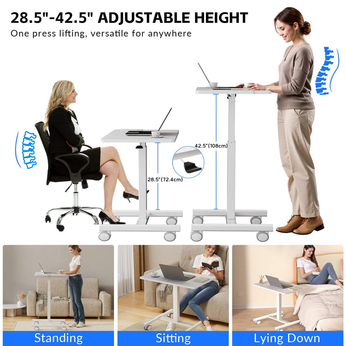 GallopFun Mobile Laptop Standing Desk Adjustable Height, Small Mobile Desk Workstation with Wheels, Portable Rolling Computer Desk Cart for Home Office Classroom (White) GallopFun