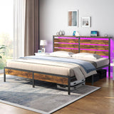 Rolanstar Bed Frame King Size with USB Charging Station, LED Bed Frame with Wood Storage Headboard, Rustic Brown Metal Platform Bed with Under Bed Storage, No Box Spring Needed, Noise Free Rolanstar