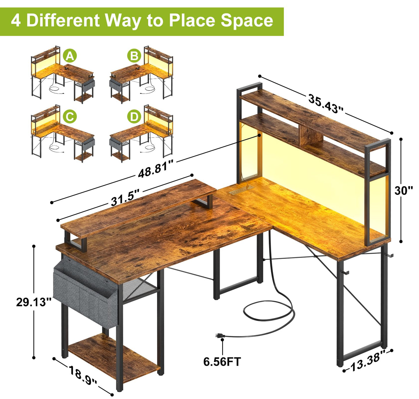 Besiost Small L Shaped Gaming Desk with Power Outlets, 48" Reversible L Shaped LED Computer Desk with Monitor Stand & Storage Shelf, Corner Gamer Desk Home Office Desk with Storage Bag, Rusti - WoodArtSupply