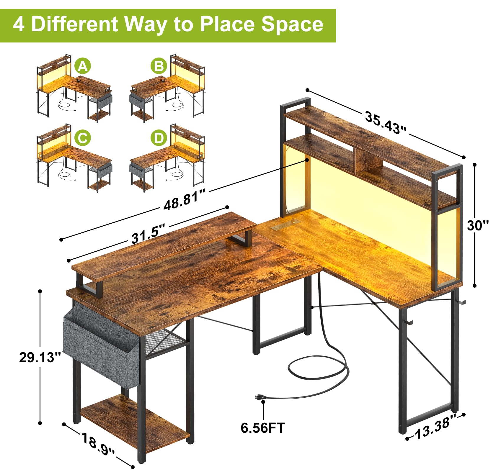 Besiost Small L Shaped Gaming Desk with Power Outlets, 48" Reversible L Shaped LED Computer Desk with Monitor Stand & Storage Shelf, Corner Gamer Desk Home Office Desk with Storage Bag, Rusti - WoodArtSupply