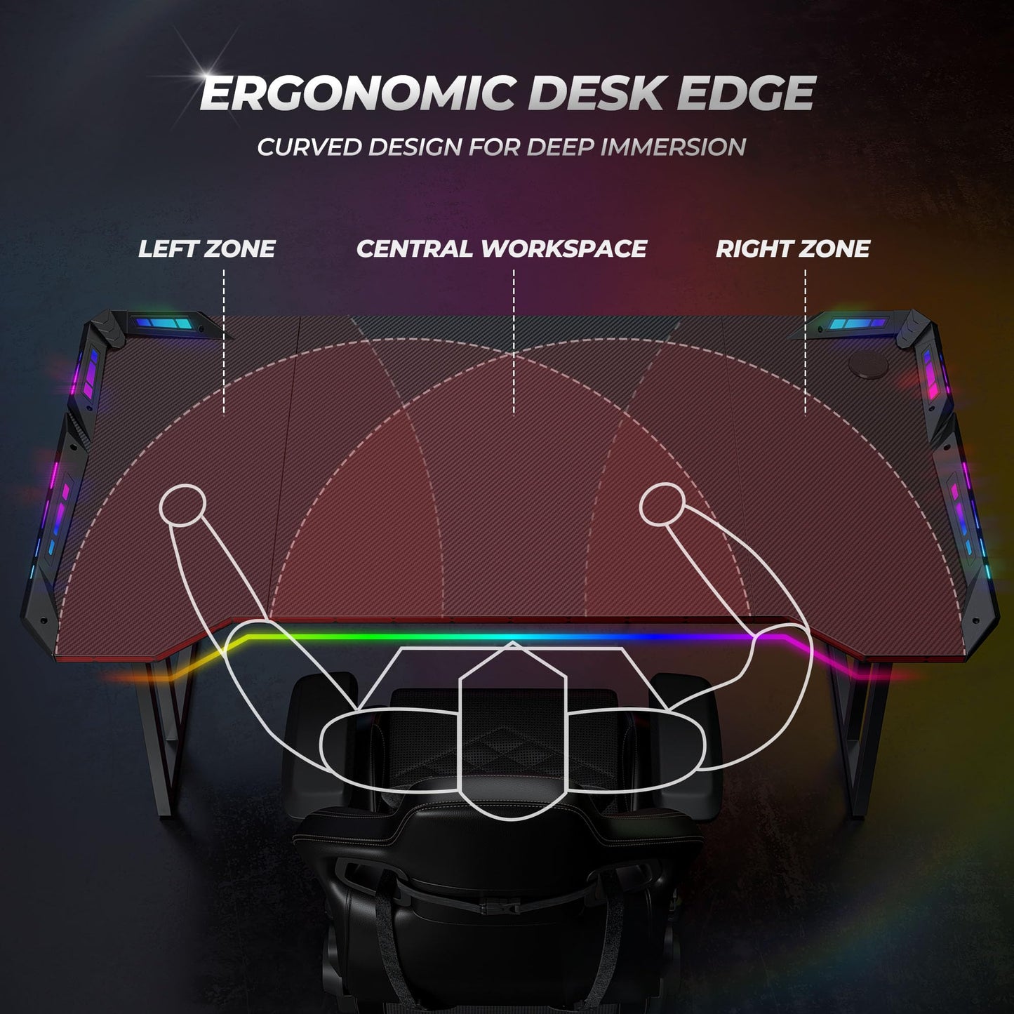 CubiCubi Gaming Desk with LED Lights, 63 Inch Z Shaped Gamer Desk, Home Game Computer Desk with Carbon Fiber Surface, Ergonomic Office PC Workstation with Cable Management, Black