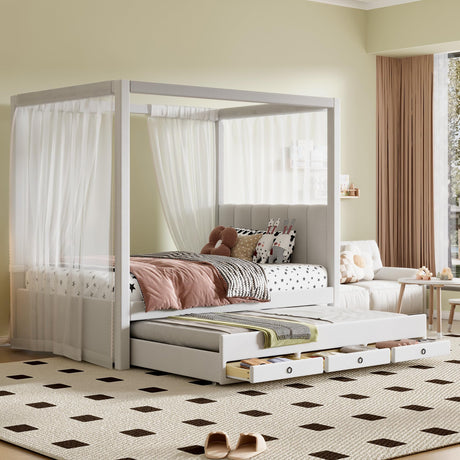 Twin Size Canopy Bed with Trundle and 3 Storage Drawers, Modern Upholstery Canopy Platform Bed with Backrest and Wood Slat Support, Beige Wood Canopy Bed for Kids Teens Adults (Twin) AYJOIR