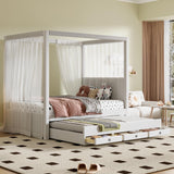 Merax Twin Size Upholstery Canopy Platform Bed with Trundle and Three Storage Drawers, Beige Merax