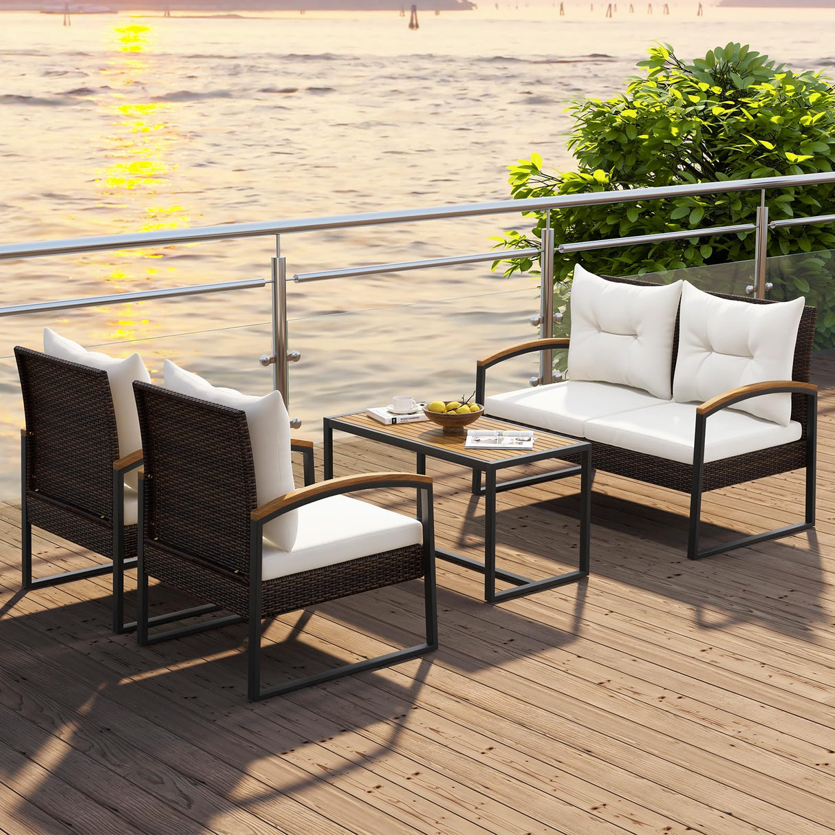 Tangkula 4 Piece Patio Conversation Set, with Heavy Duty Solid Acacia Wood Armrests & Tabletop, Outdoor Cushioned Wicker Furniture Set for Backyard, Poolside, Lawn, Blacony (1, Off White) Tangkula