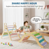 BlueWood Pikler Triangle Set, Toddler Wooden Climbing Toys Indoor 7in1 Foldable Climber for Kids, Montessori Philosophy Play Jungle Gym with Arch, Ramp, Ladder (Colorful Spring) BlueWood