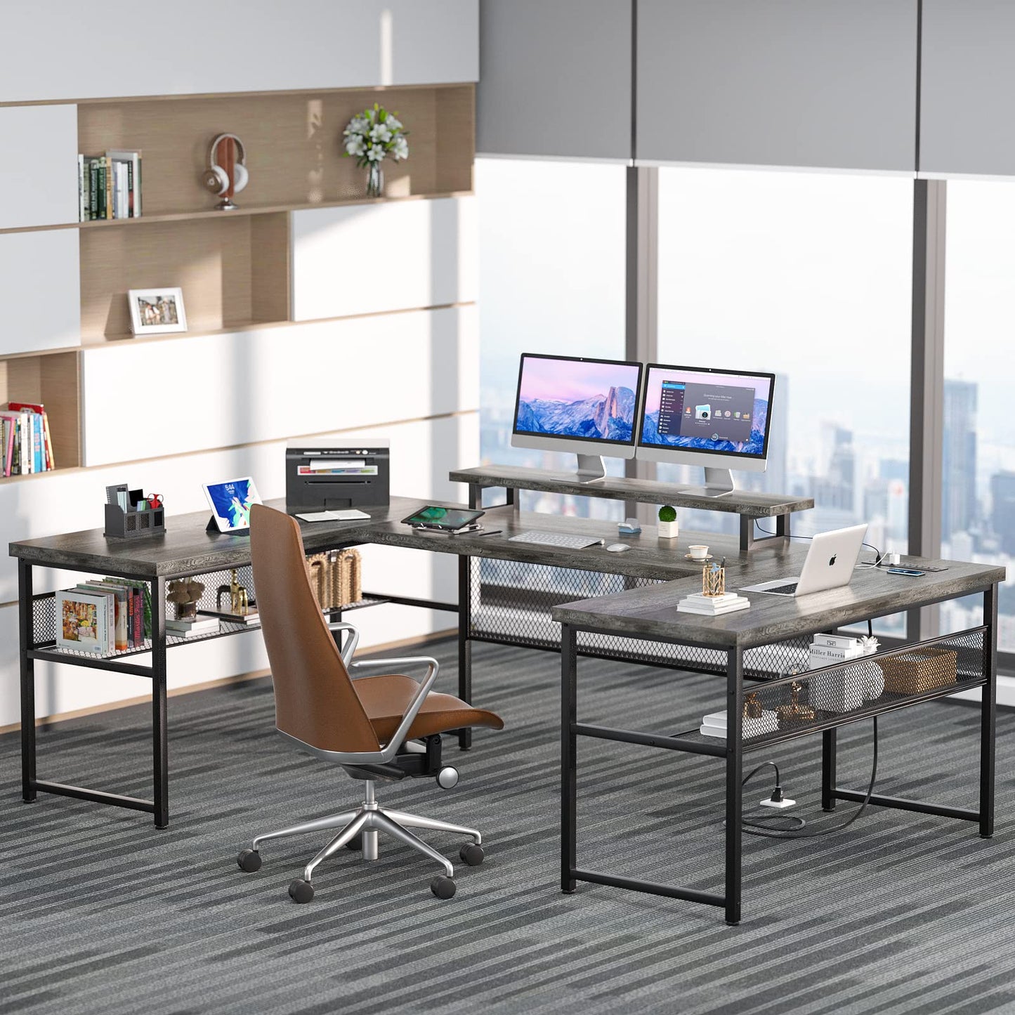 Unikito 130 Inch Versatile U Shaped Office Desk with Smart LED Lighting and Integrated Power Outlet, Stylish Black Oak - WoodArtSupply