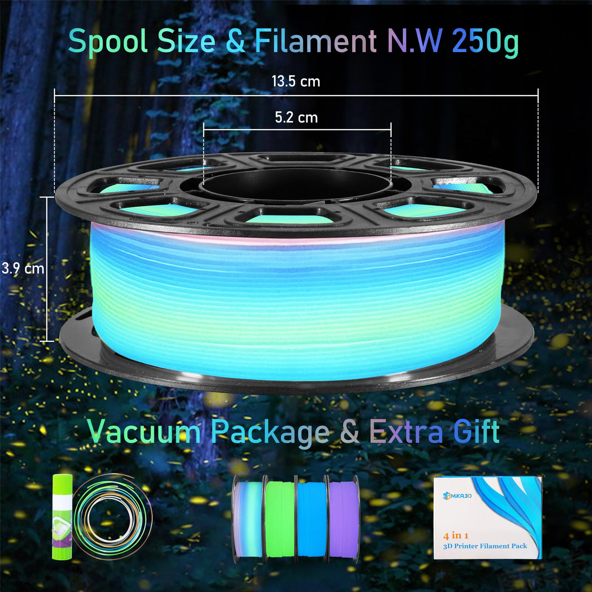 MIKA3D Glow in Dark PLA 3D Printer Filament Bundle, Glowing in Dark Fluorescent Green, Blue, Purple, Rainbow, Each Spool 0.25kg, 4 Spools, Total 1KG Dark Fluorescent PLA Multicolor Packed 250g X 4 MIKA3D