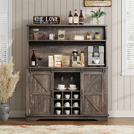 47" Farmhouse Coffee Bar with 3-Tier Storage, Kitchen Hutch with 12 Wine Racks & 3 Glass Holders, Coffee Hutch Cabinet with 6 Hooks, Wine Bar Cabinet for Kitchen, Dining Room, Living Room, Rustic Oak REVOMINCA
