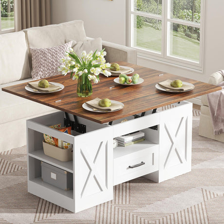 kepptory 39.4'' Lift Top Coffee Table with Storage, 4 in 1 Multi-Function Convertible Coffee Tables for Living Room, Farmhouse Coffee Table with Open Storage Compartment & Drawers (Brown&White) kepptory
