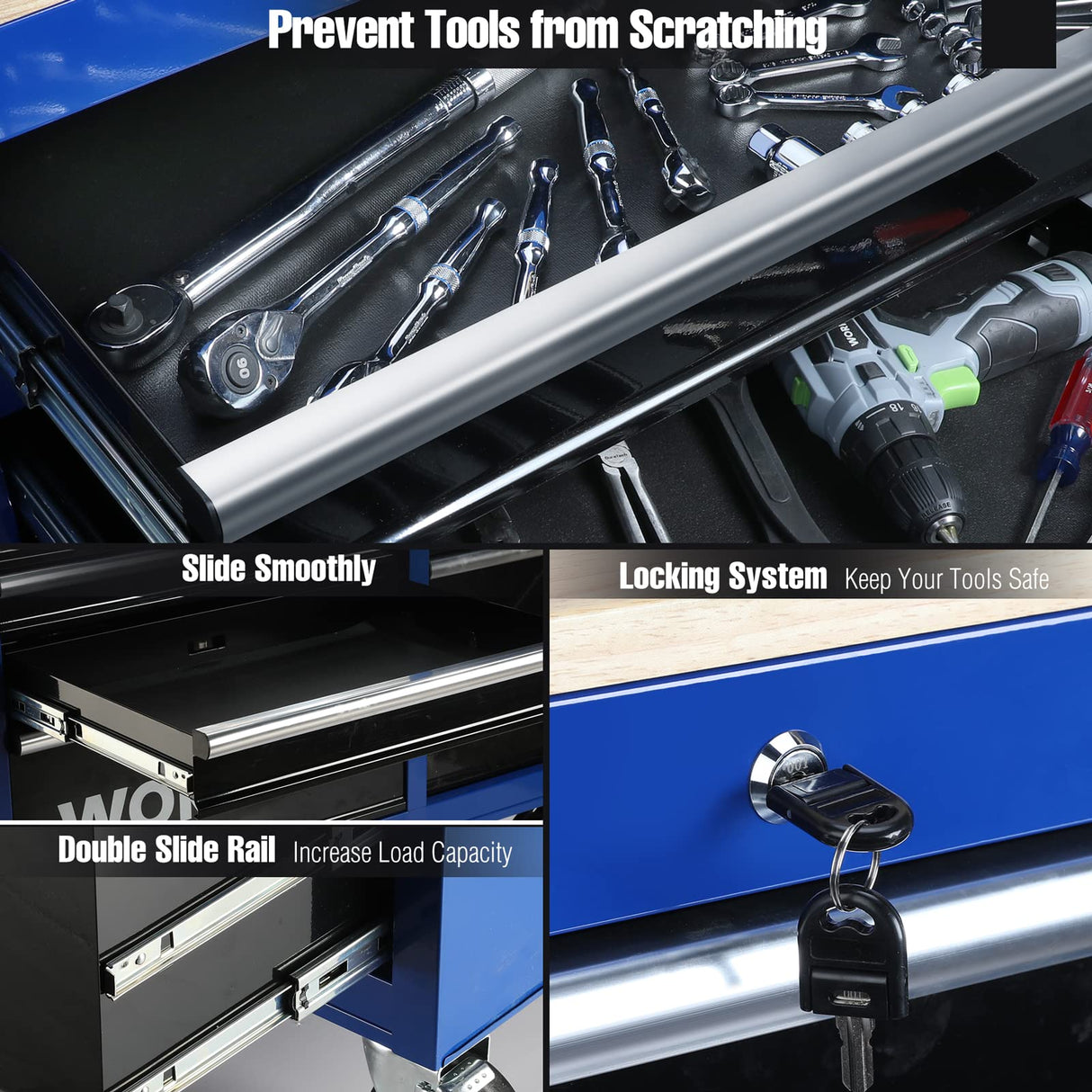 WORKPRO 42-Inch 7-Drawers Rolling Tool Chest, Mobile Tool Storage Cabinet with Wooden Top, Equipped with Casters, Handle, Drawer Liner, and Locking System, 1000 lbs Load Capacity WORKPRO