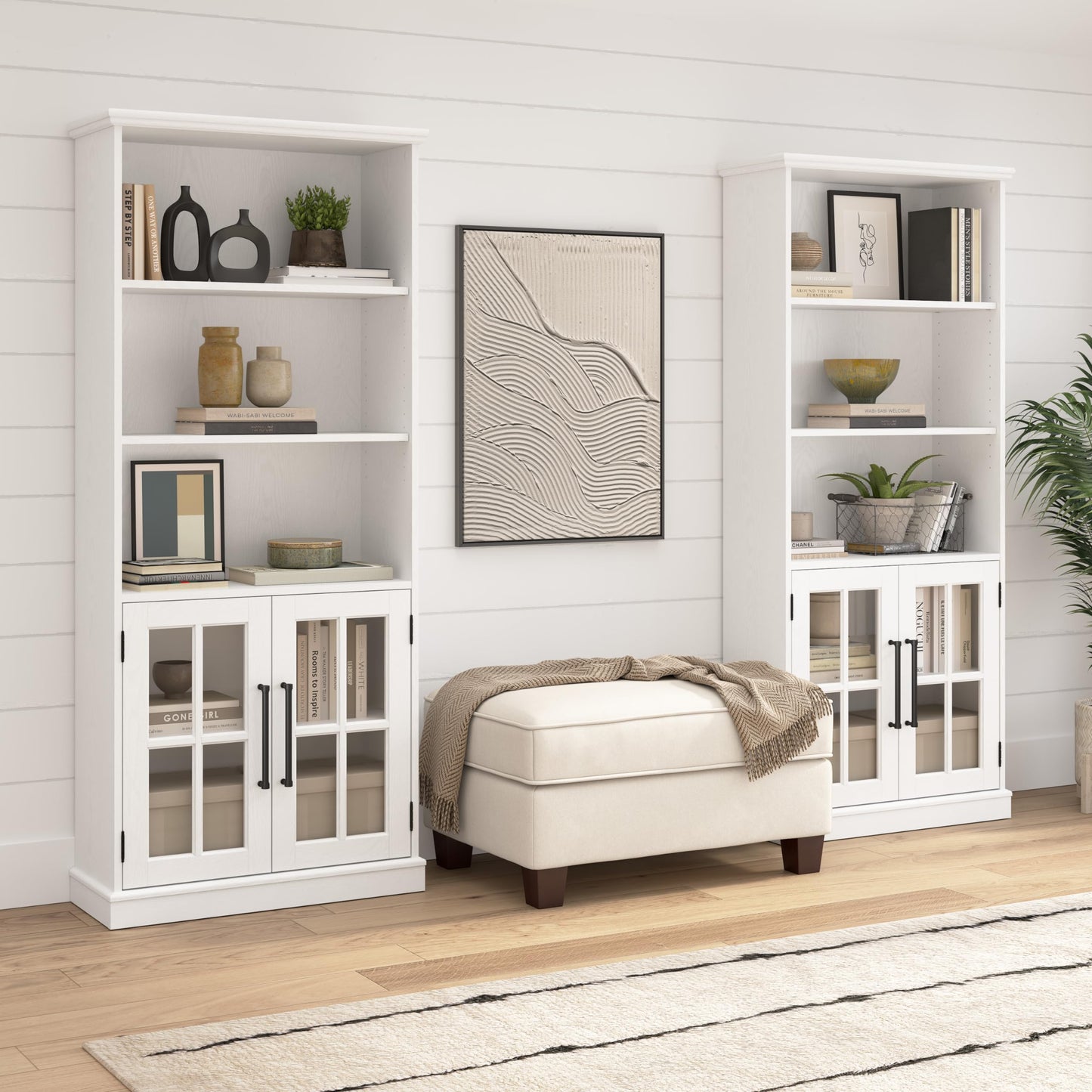 Bush Furniture Westbrook Modern Farmhouse 5 Shelf Bookcase with Glass Doors - Set of 2 in White Ash - WoodArtSupply