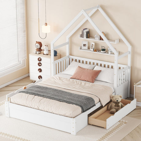 Merax Wood Queen Size House Platform Bed with Guardrail and 2 Drawers, Wooden Bedframe for Boys Girls Adult, No Spring Box Needed, White Merax