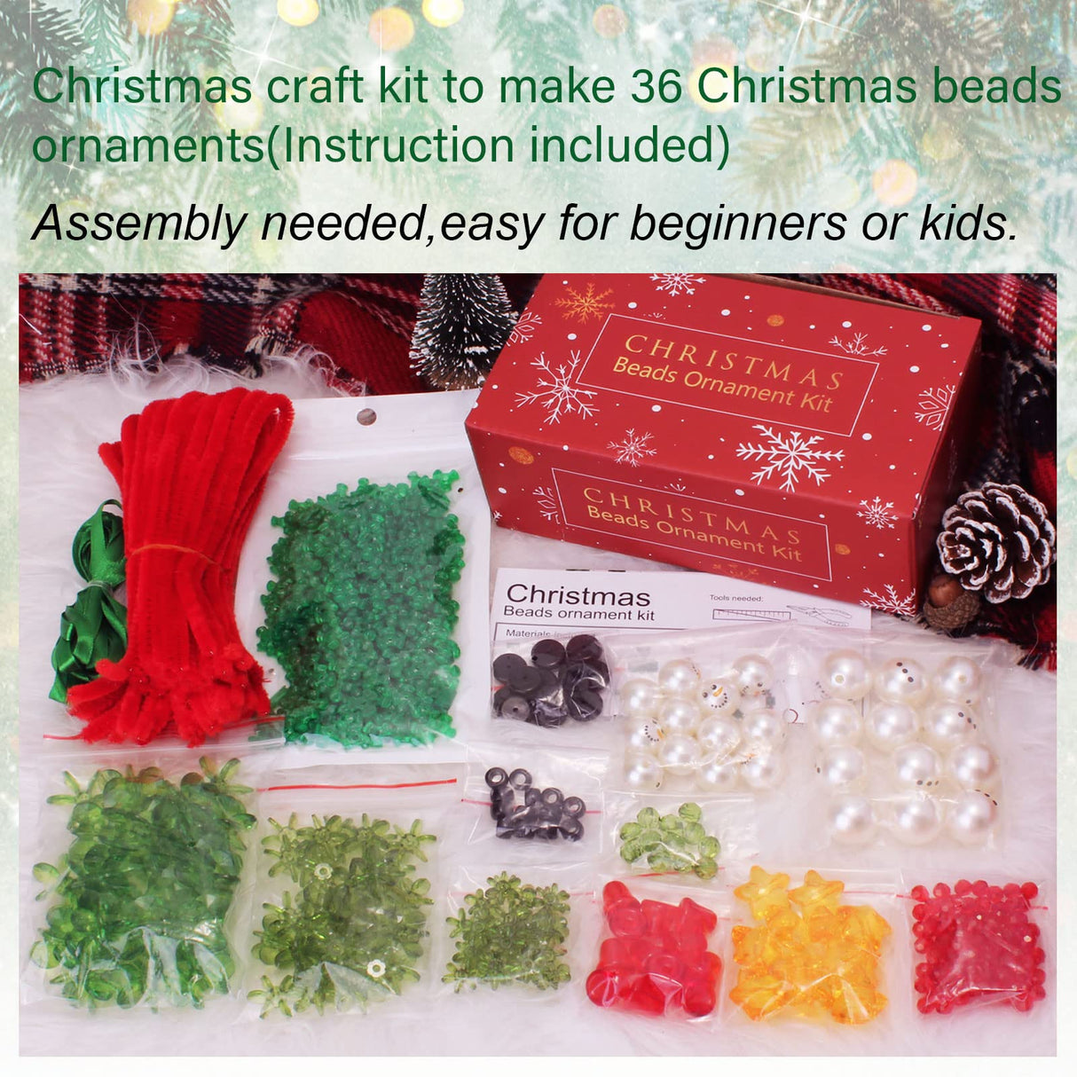 GYGOT Christmas Crafts,36 Sets Beaded Ornament Kit-Including 12 PCS Snowman/12 PCS Christmas Tree/12 PCS Wreath,Xmas Party Holiday Craft Tree Decorations (Assembly Needed) GYGOT