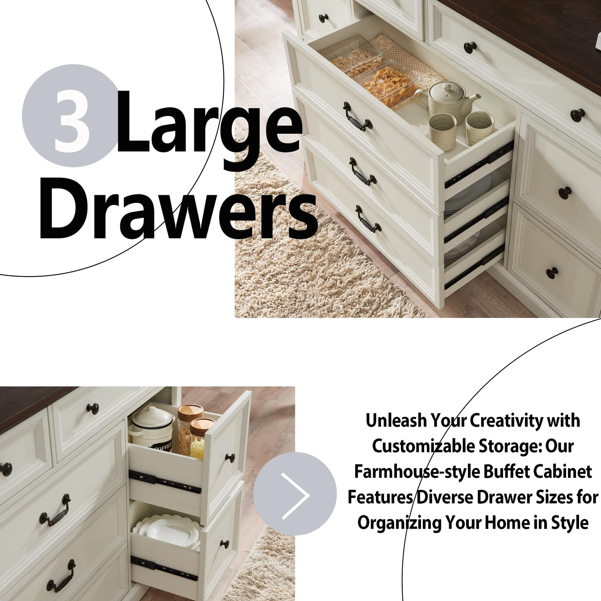 IFGET Farmhouse Buffet Cabinet, 60" Storage Cabinet w/9 Drawers, Large Wood Rustic Sideboard Cabinet w/Three Drawer Sizes, Coffee Bar Cabinet for Dinning Room, Hallway, Bedroom (White) - WoodArtSupply