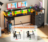 Furologee Black Computer Desk with 4 Drawers, 60" Long Office Desk with Fabric File Cabinet and Power Outlets, Gaming Desk with LED Lights, Study Writing Work Desk for Home Office Furologee