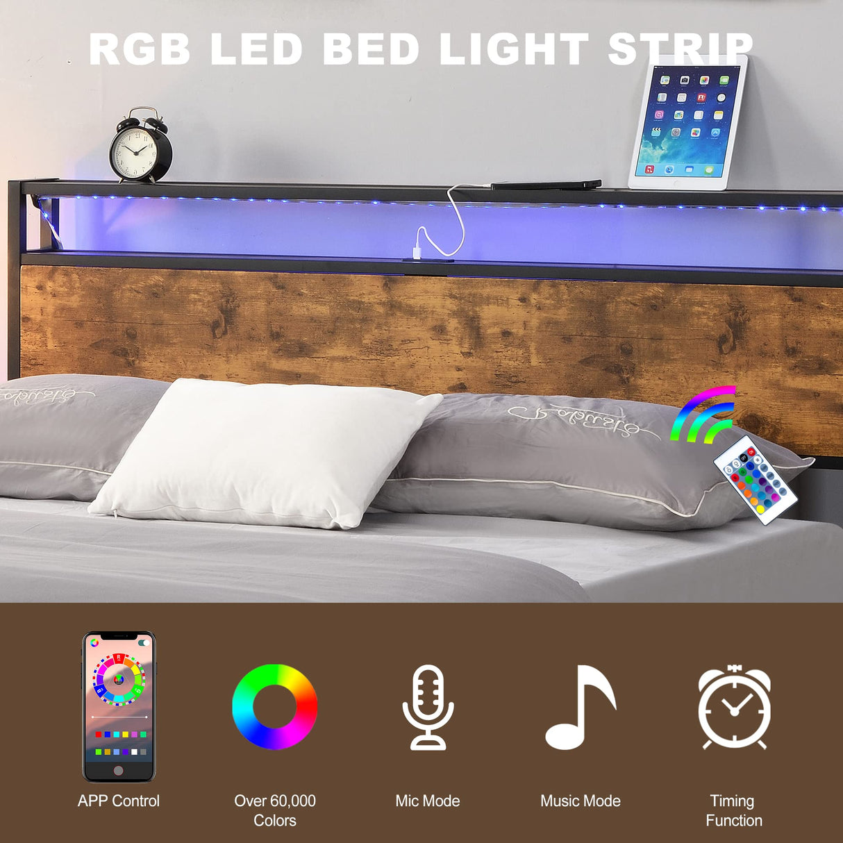Modern Industrial Full Bed Frame with LED Lights and USB Ports - Stylish Rustic Brown Design with Storage Headboard and Under-Bed Space anwickjeff