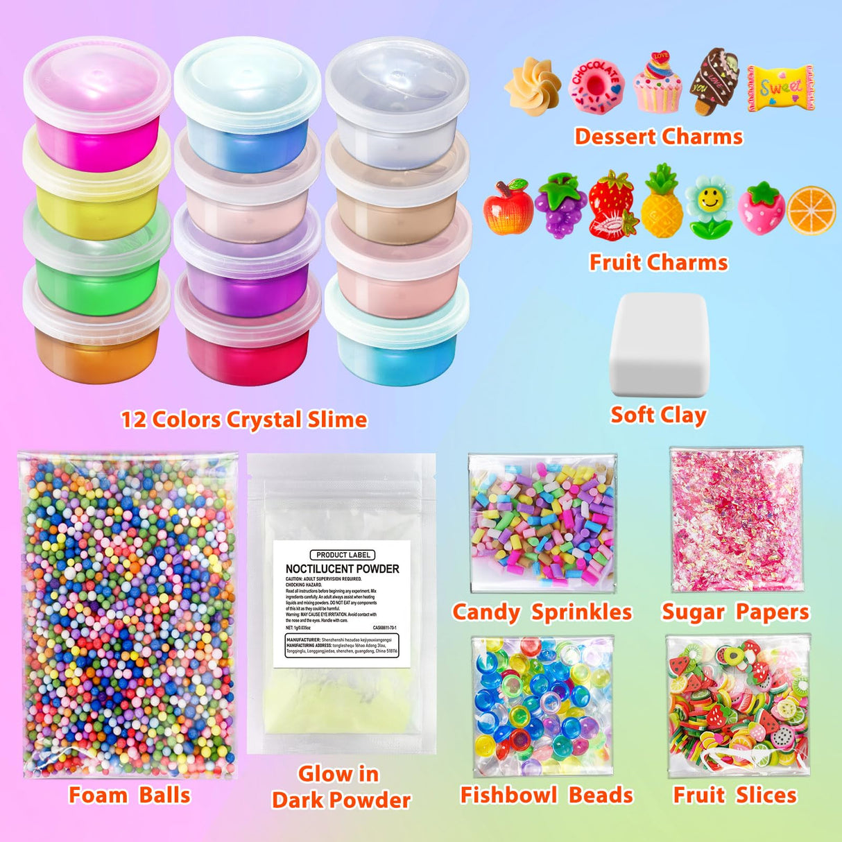 12 Cups DIY Slime Kit, Slime Making Kit for Girls, Crystal Clear, Glow in The Dark Slime with Add-ins, Foam Balls, Charms, Party Favors Gift Toys for Kids 3-12 YOPINSAND