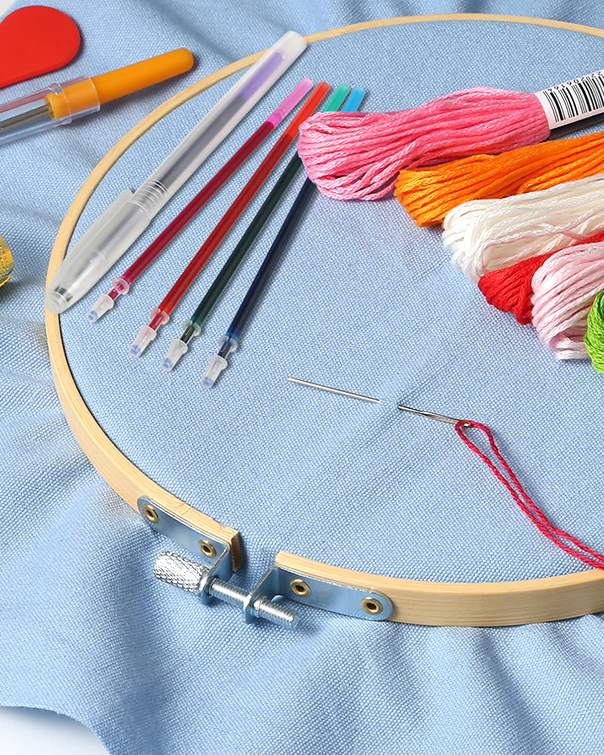 Caydo 10 Pieces Embroidery Fabric, Including 10 Colors Embroidery Cotton Fabric, 5 Colors Water-Soluble Pens, 7.9 by 7.9 Inch Caydo