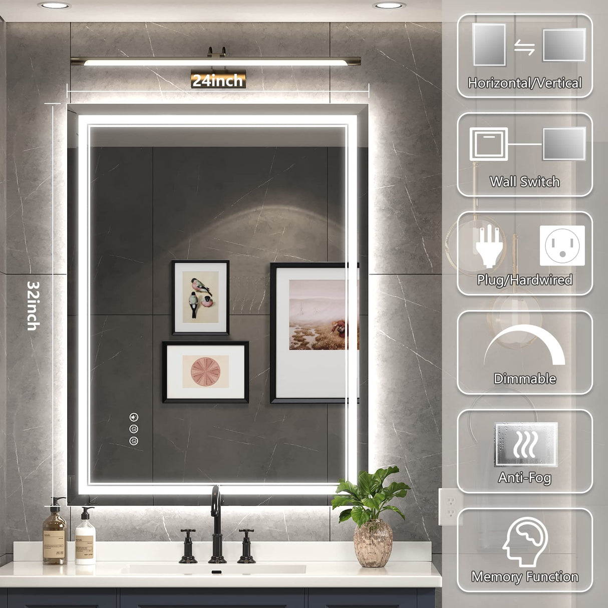 Ratsamee 24x32 Inch Led Mirror for Bathroom with Front Light and Backlit, Dimmable Anti Fog Wall Bathroom Mirror with Led Lights, Water Proof, Decor Vanity Mirror Ratsamee