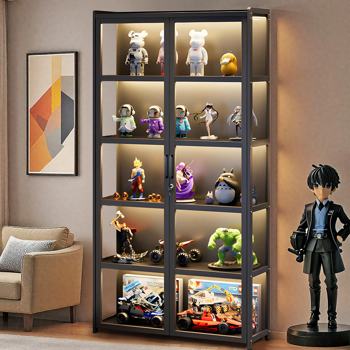 Curio Display Cabinet with Acrylic Doors, 5-Tier Bamboo Display Cases for Figurine, Curio Cabinet Toy Organizers Rack & Display Shelf for Home Office, Playroom, Living Room，Bedroom, 65in Generic