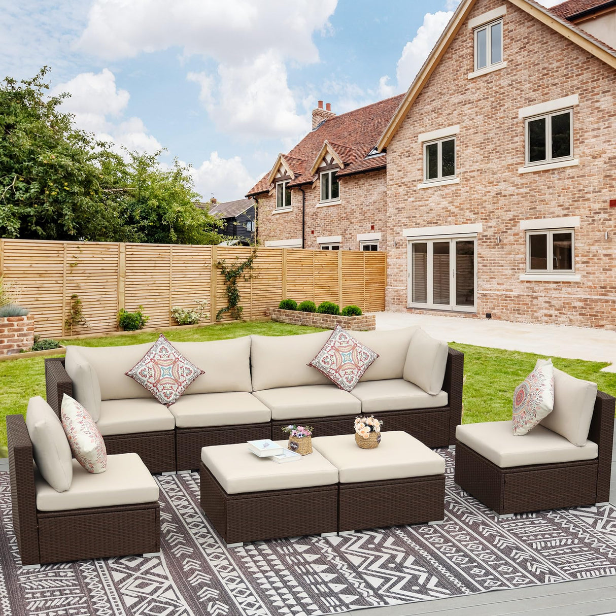 NICESOUL® 8 Pieces Plus Size High Back Brown Wicker Outdoor Furniture PE Rattan Patio Sectional Sofa Sets Sectionals Outdoor Backyard Conversation Sets Beige Cushions NICESOUL