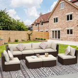 NICESOUL® 8 Pieces Plus Size High Back Brown Wicker Outdoor Furniture PE Rattan Patio Sectional Sofa Sets Sectionals Outdoor Backyard Conversation Sets Beige Cushions NICESOUL