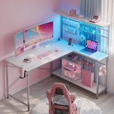 Bestier L Shaped Gaming Desk with Power Outlets, 51 inch LED Computer Desk Reversible Corner Desk with Metal Grid Pegboard and 4 Tiers Storage Shelves, Modern Writing Desk for Home Office, White Bestier