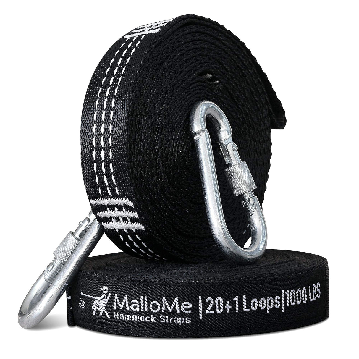 MalloMe XL Hammock Straps for Trees - Hammock Tree Straps Set 2000+ LBS Heavy Duty 40 Loops & 100% No Stretch Suspension System Kit - Camping Hammocks Accessories | 2 Carabiners | 12 Feet Black MalloMe
