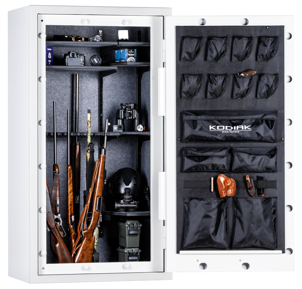 Kodiak Home Gun Safe for Rifles & Pistols | KGX6736W by Rhino Metals with New SafeX Security System | 46 Long Guns & 8 Pistol Pockets | 60 Minute Fire Protection | Gloss White Finish | 690lbs Kodiak