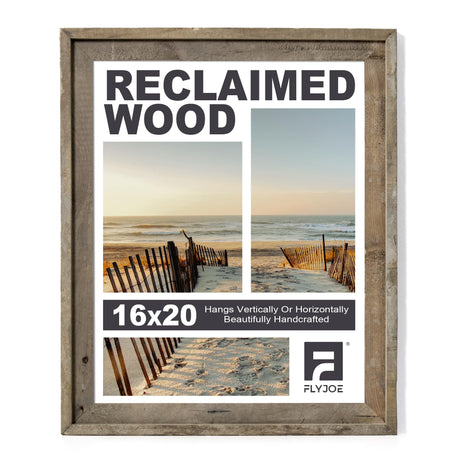 Rustic 16x20 Picture Frame, Reclaimed Barnwood Frame with Tempered Glass, Distressed Gallery Frame Set, Mounting or Table Display for Photos Posters FLYJOE