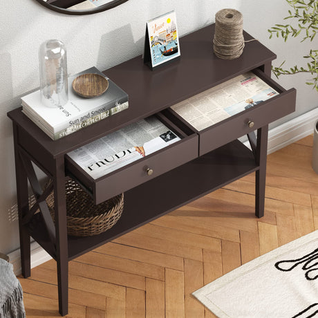 ChooChoo Console Table with Drawers, Narrow Wood Accent Sofa Table Entryway Table with Storage Shelf for Entryway, Front Hall, Hallway, Living Room, Espresso ChooChoo